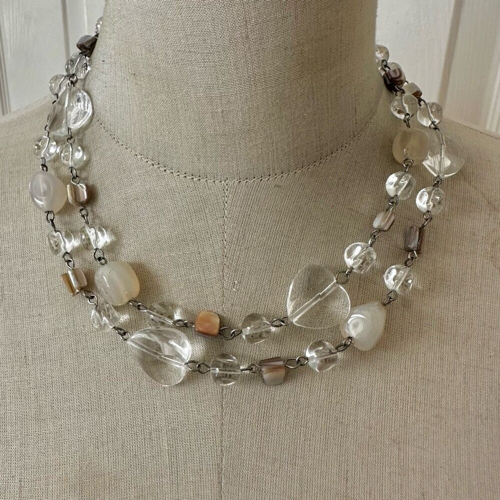 Long Chalcedony, Glass & Abalone Beaded Necklace